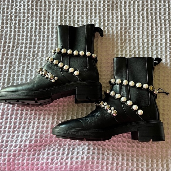 ZARA Leather Lug Sole Pearl Accented Chelsea Ankle Boots - Picture 4 of 10